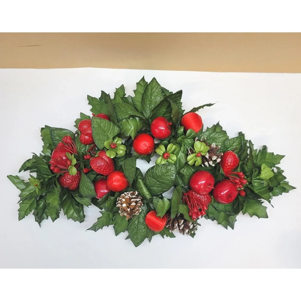 Vtg Christmas Faux Floral Candle Centerpiece Holly Pinecones/Apple/Strawberries